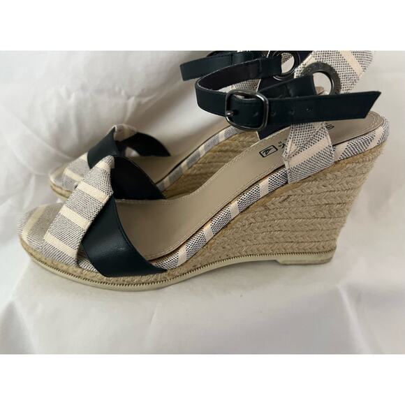 Sperry Top Sider wedge sandals, woven, ankle strap, blue/gray, 7M - Picture 3 of 6